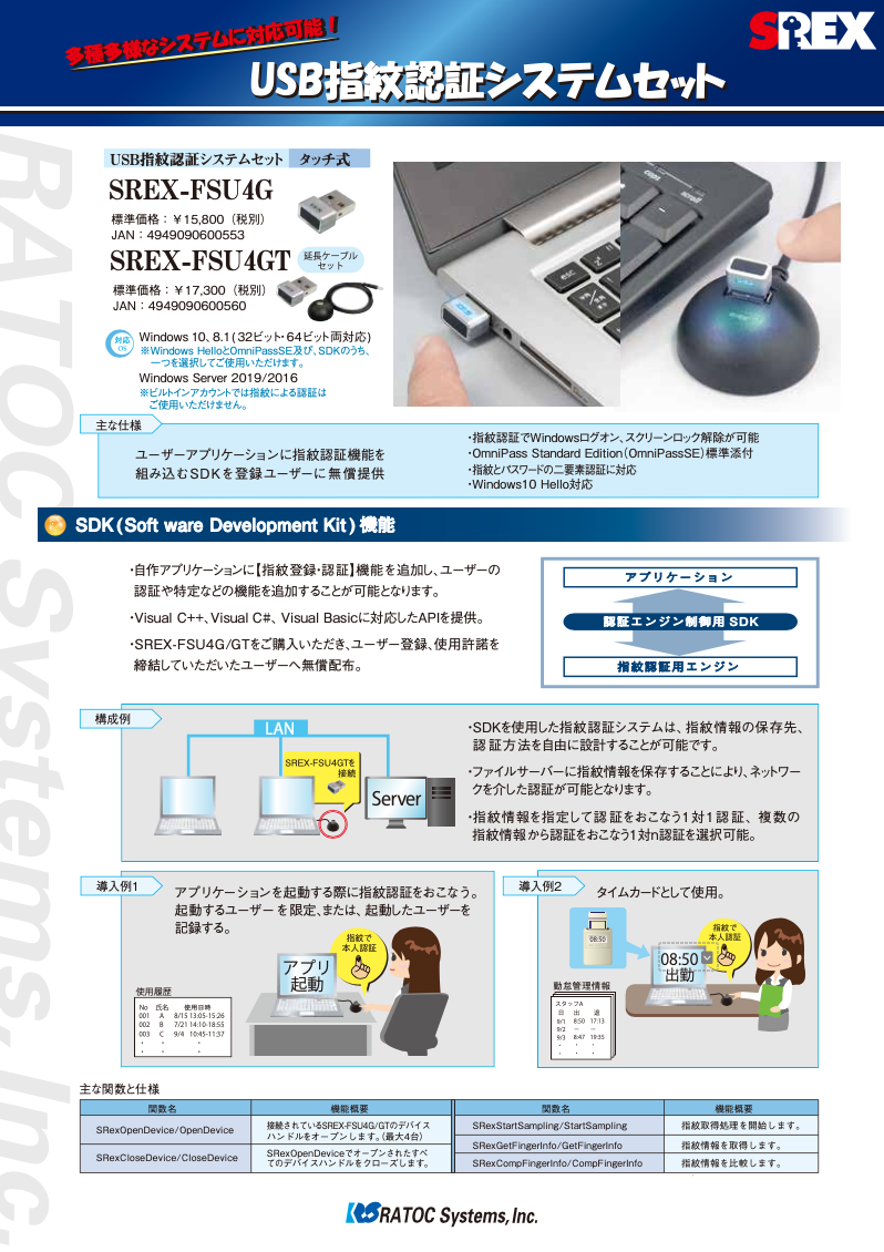 「USB指紋認証システムセットSREX-FSU4G／GT SDK」紹介資料