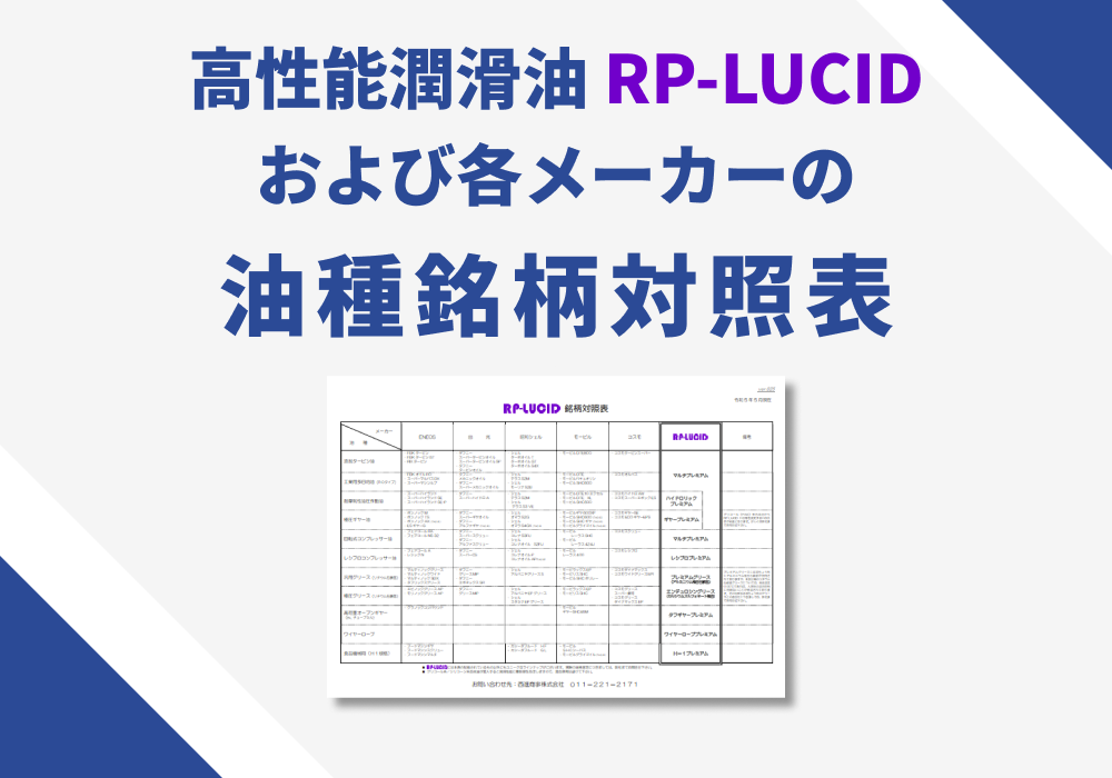 高性能潤滑油「RP-LUCID」および各メーカーの油種銘柄対照表